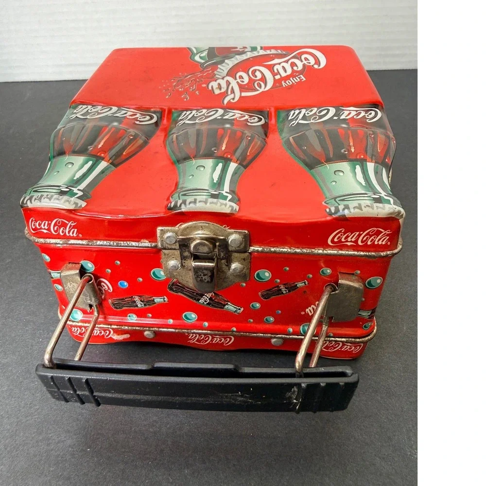 Vintage Coca-Cola Embossed Tin Lunch Box 3D Bottle Design Red Metal Collectible